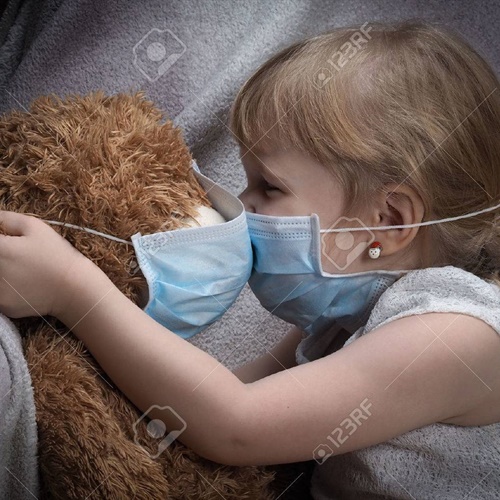 6 5 7 5 0 5 1 6  kiss  through  the  medical  mask  a  small  child  kisses  teddy  bear  toy  and  children  in  masks  
